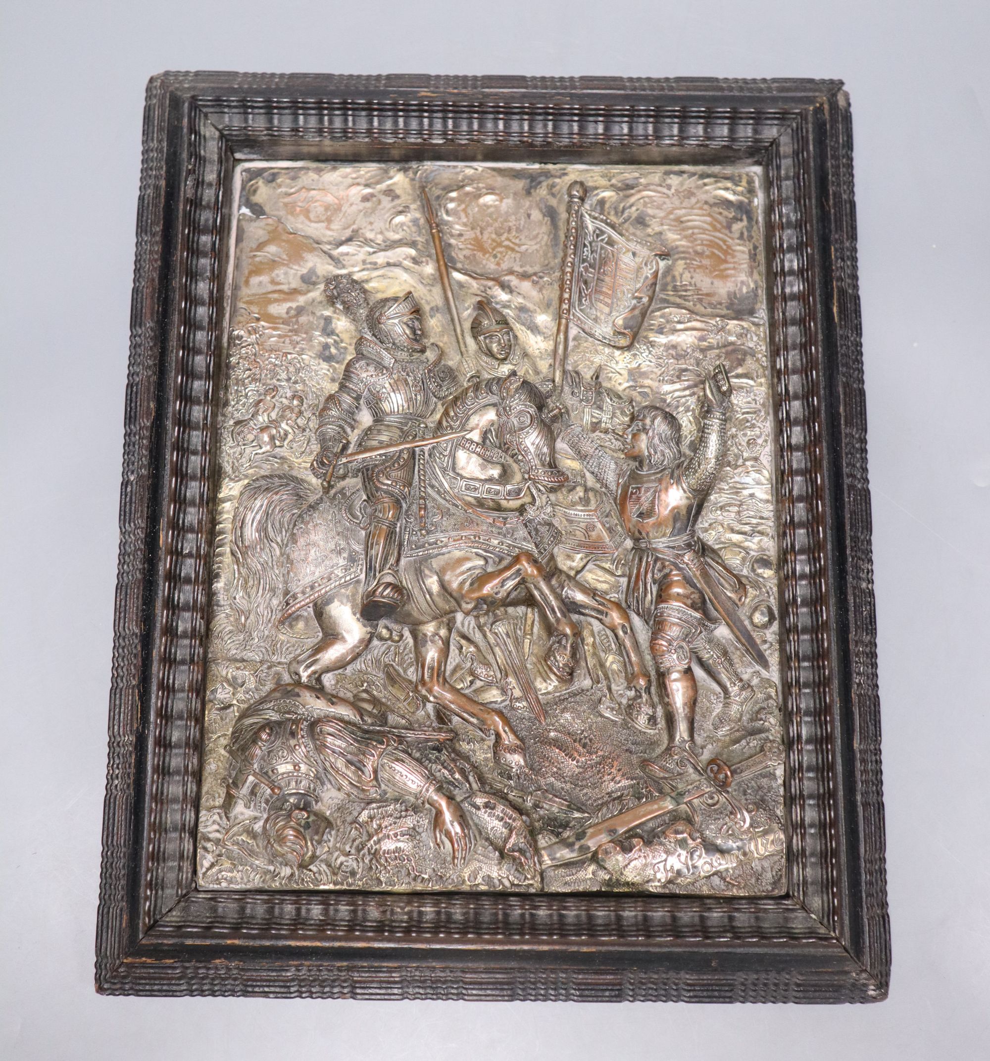 A 19th century French electrotype plaque, depicting a medieval battle scene, indistinctly signed, width 22cm height 29cm